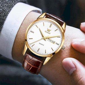 OLEVS Mens Watches Top Brand Luxury Quartz Casual Business Leather-(Brown White)_1861