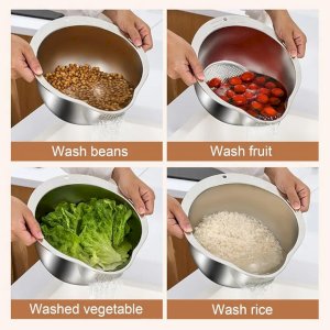  Washing Bowl Metal Strainer Bowl with Side Drainer Stainless Steel Colander Bowl